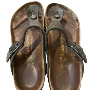 ​BIRKENSTOCK Gizeh Thong Sandals Women's EU 38 US 7/7.5 Black Oiled Leather Cork